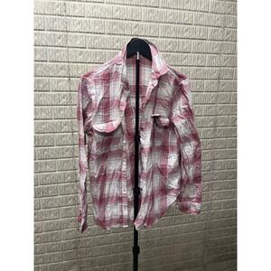 Womens Long Sleeve Plaid Button Up Shirt‎ Red White Blue